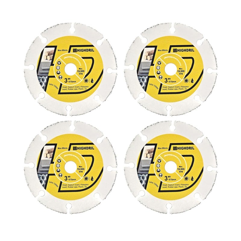 HIGHDRIL Carbide Wood Blade 3" 75mm x Arbor 3/8" 10mm - 4pcs Angle Grinder Cutting Disc for Cutting Wood with Nails Rubber Tubing Plastic Laminate Cement Residue Gypsum Fiberglass - Image 1